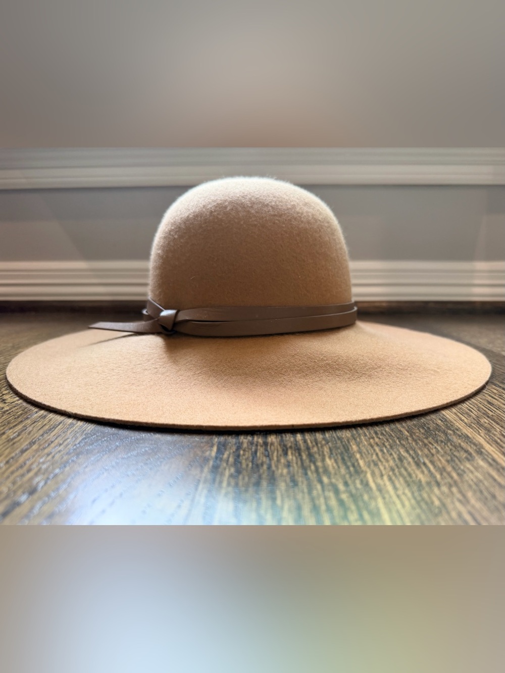 Nordstrom Tan Felt Wide-Brim Floppy Hat with Brown Leather Trim